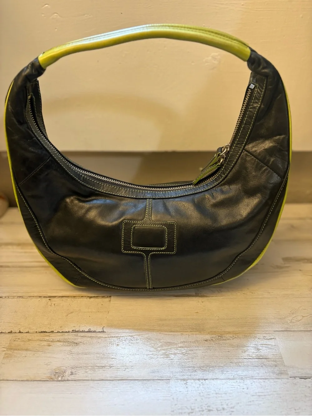 Black Leather Mini Hobo Bag with Lime Accent Angela Adam’s Y2K - Picture 1 of 8